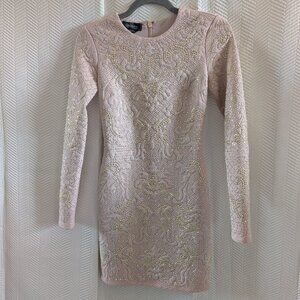 Bebe Addiction Dusty Rose Pink Bejeweled Bodycon Mini Dress Long Sleeve Size XXS